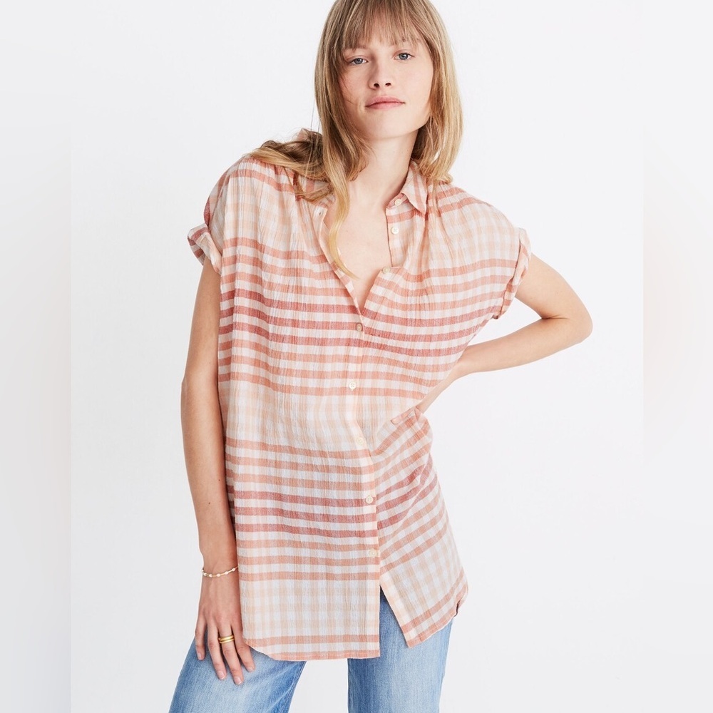 Madewell Central Tunic Shirt Ombré Gingham Check Top Peach Coral  Button Down